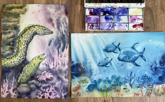 Set of two watercolor artworks. Marine fish and moray eels underwater, coral reef life. Original artwork