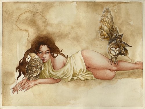 Girl and Two Owls by Jennet Annayeva
