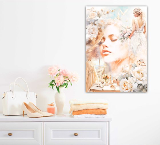 Morning of the bride - Beautiful woman female portrait woman art, Gift