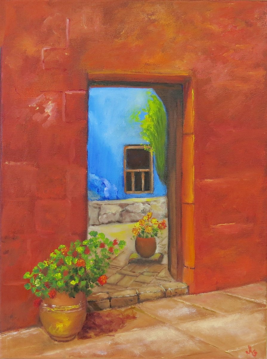 Impressionistic Still Life Oil Painting By Maureen Greenwood, 12 X 16", A Peek Inside A Mediterranean Courtyard, Artfinder
