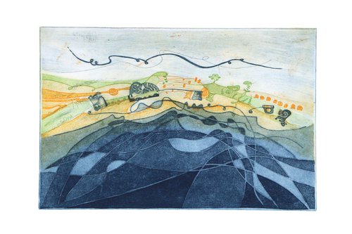Heike Roesel "Land and Sea", fine art etching, edition of 20 in variation by Heike Roesel