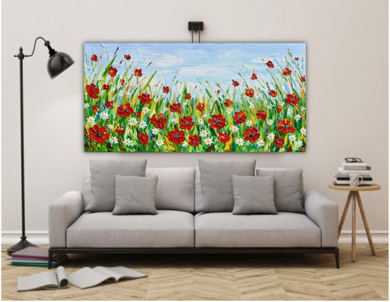 Poppies and Daisies - Wildflower Meadow Palette Knife Painting