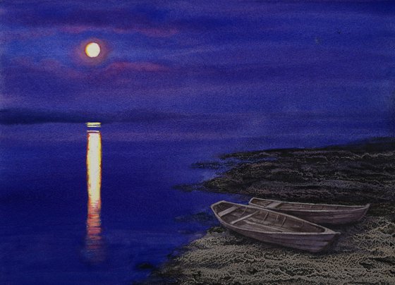 Wooden boats on the shore of lake in the moonlight  – Landscape -  wooden boat - fool moon