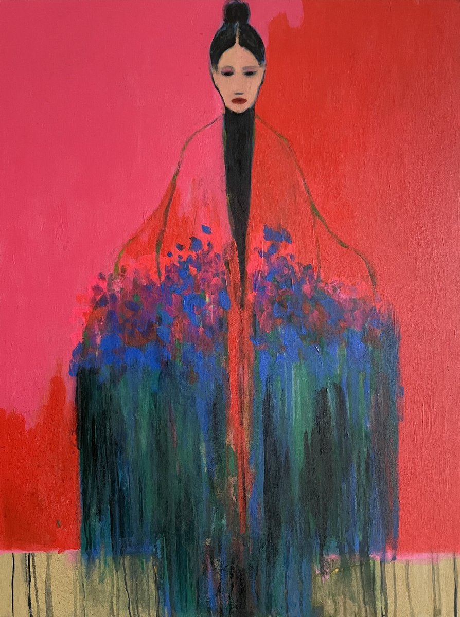 Abstract Portrait Acrylic Painting By Gela Mikava, 24 X 31, The Girl With Bouquet, Original Artwork