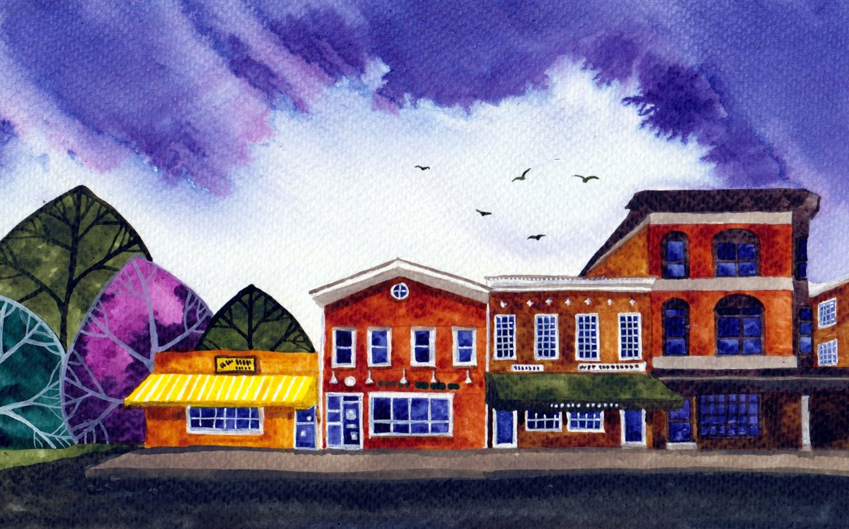 Illustrative Cityscapes Painting By Terri Smith, 9 X 6", Little Leonardtown, Original Artwork