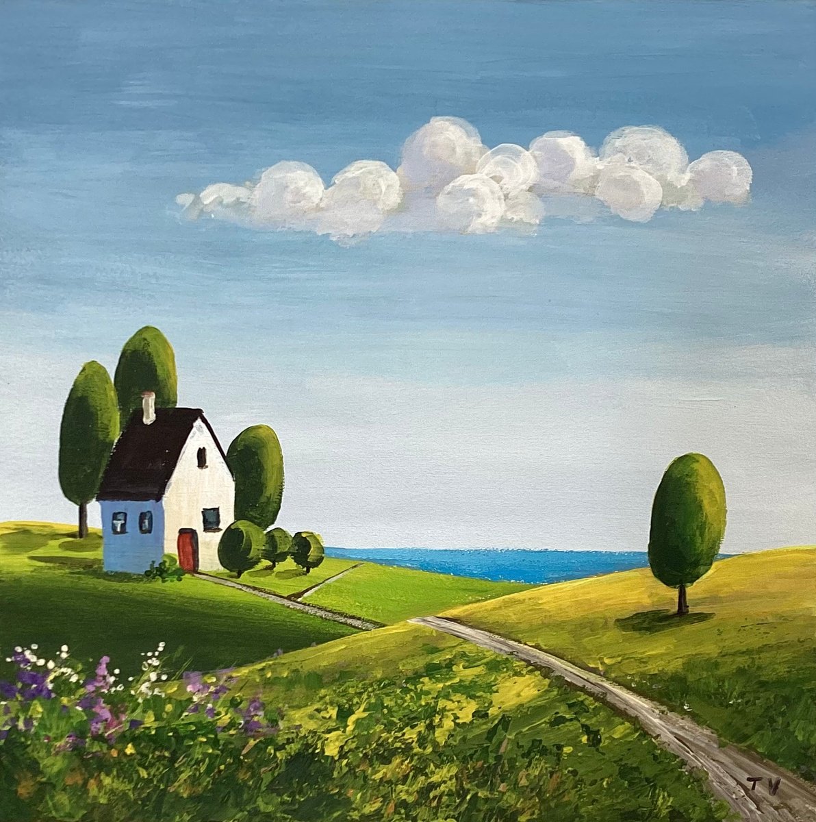 Naive Landscape Acrylic Painting By Tetiana Vysochynska, 8 X 8", Summer Fields, Original Artwork