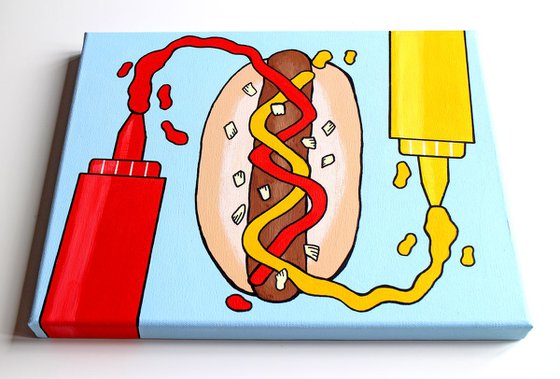 Hot Dog With Tomato Ketchup And Mustard Pop Art Painting On Canvas