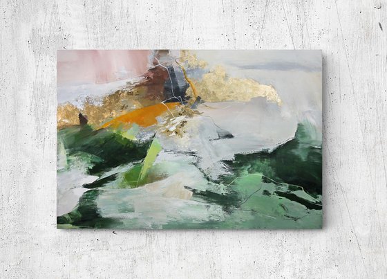 "Green Pulse" Green white gold abstract art