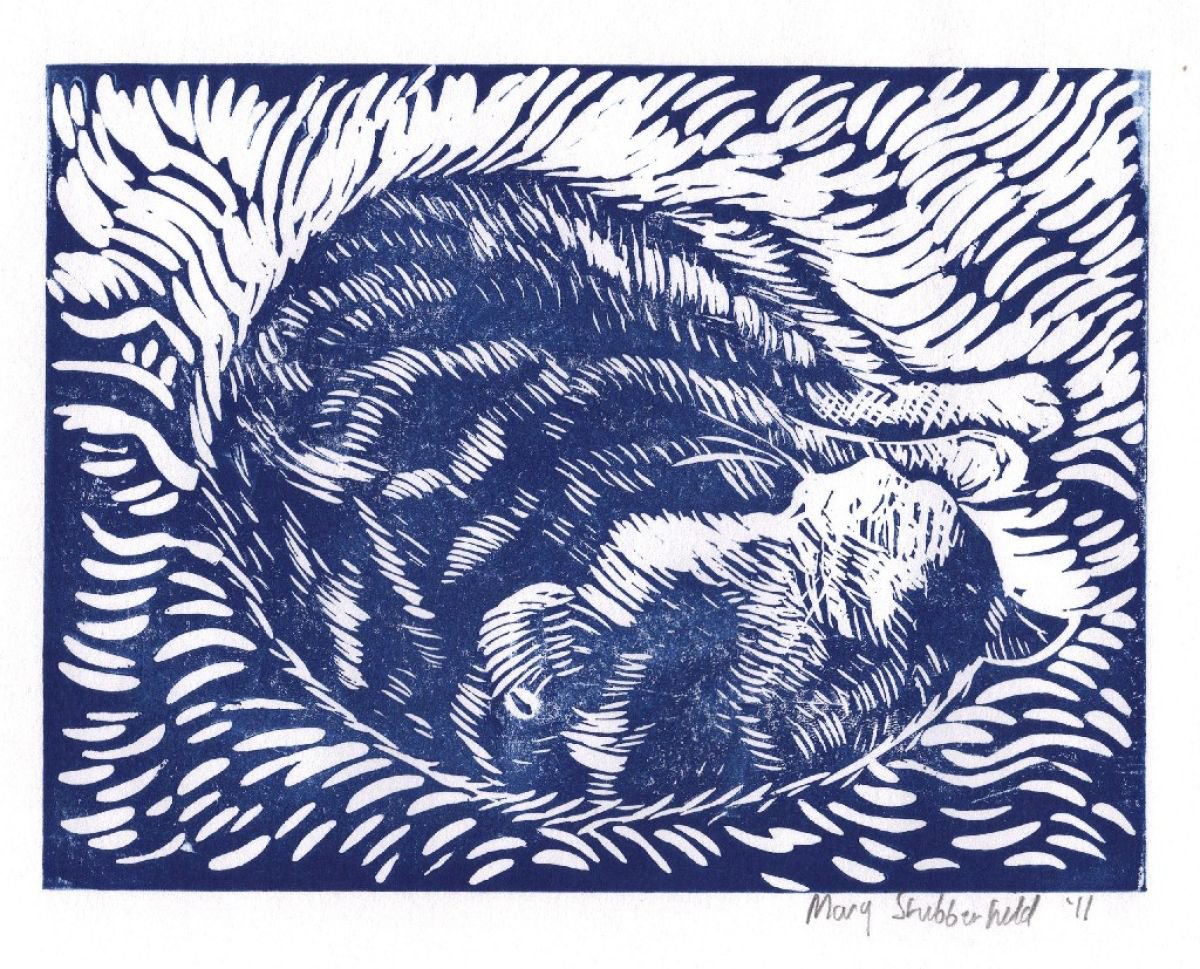 Reclining cat lino print by Mary Stubberfield