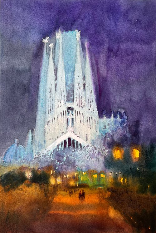 View of the Sagrada Familia at night by Andrii Kovalyk