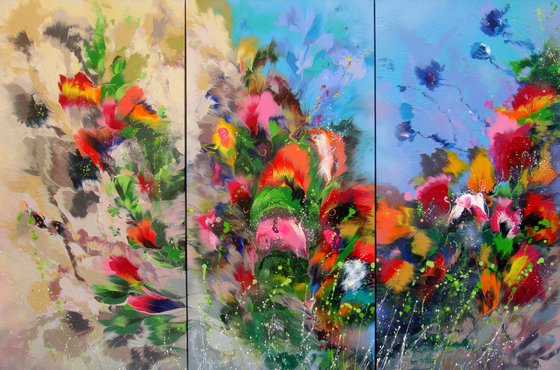 XL TRIPTYCH  Landscape with colorful Flowers