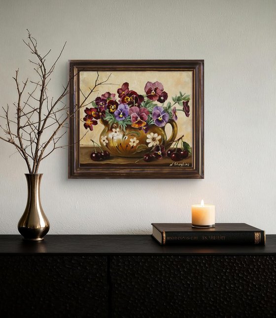 Pansies in Rustic Jug with Cherries
