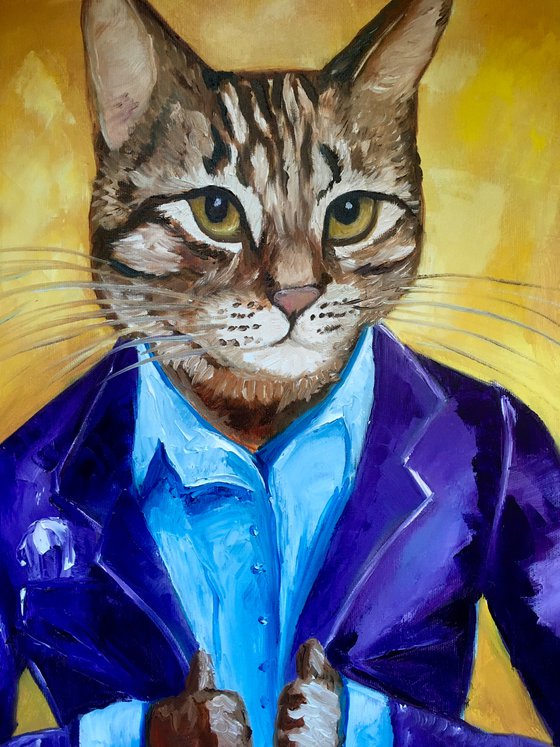 Troy The  Cat, dressed smart,   oil painting for cat lovers