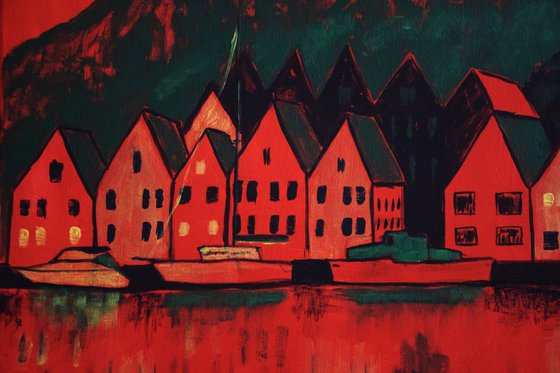 Big acrylic painting Bergen Bryggen, Norway fjord, green and red