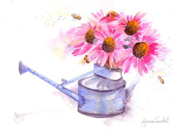 Bees on Echinacea, Bee Painting, Floral watercolour, watercolor, honebee, daisy, flower