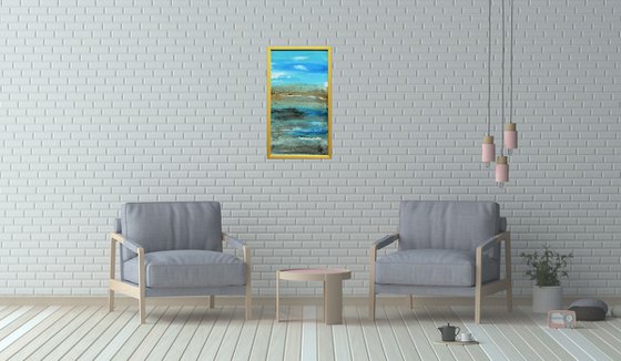 Lonely Beach  - abstract acrylic painting, canvas wall art, blue brown white, framed modern art