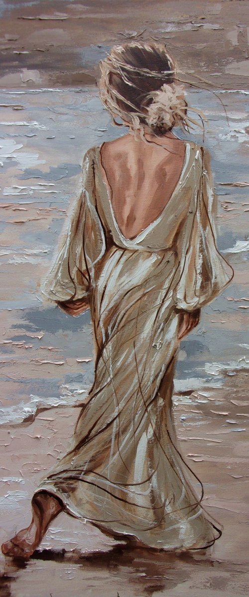 " SOMEWHERE ON THE BEACH ... " 100X70CM original painting SEA SPRING palette knife GIFT by Monika Luniak