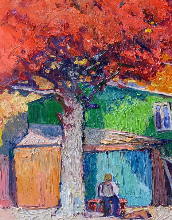 Green House and Red Trees, Autumn Landscape