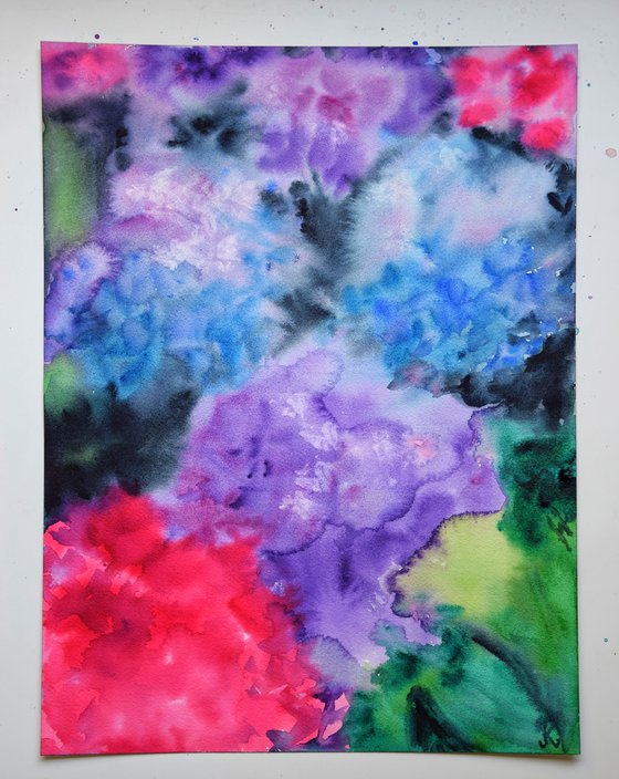 Hydrangea flowers painting, purple hortensia original watercolor art, summer floral wall art