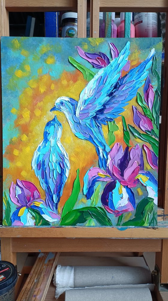 Dance and love - love, birds, bird, love, irises, flowers, oil painting, irises flowers, gift idea