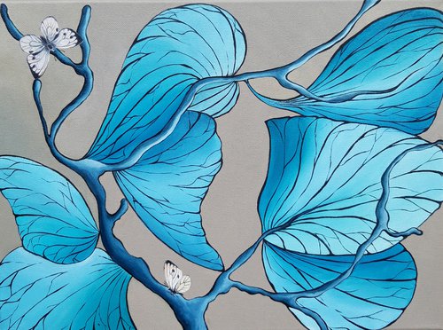 Wall Decore Hand Made Oil Painting Botanical Abstract Leaves Butterfly by Natalia Langenberg