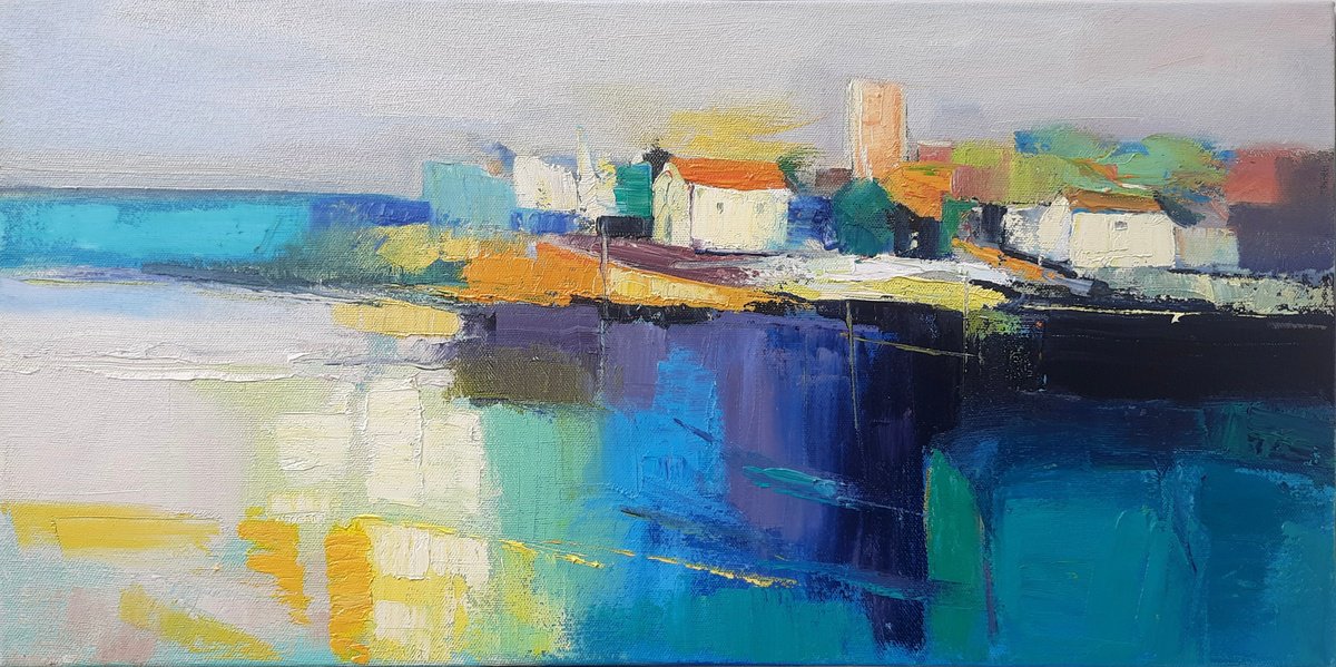 Impressionistic Landscape Oil Painting By Athaang Art, 24 X 12, Village In River Side, Original Artwork