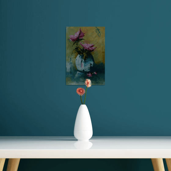 Roses in vase. Still life painting