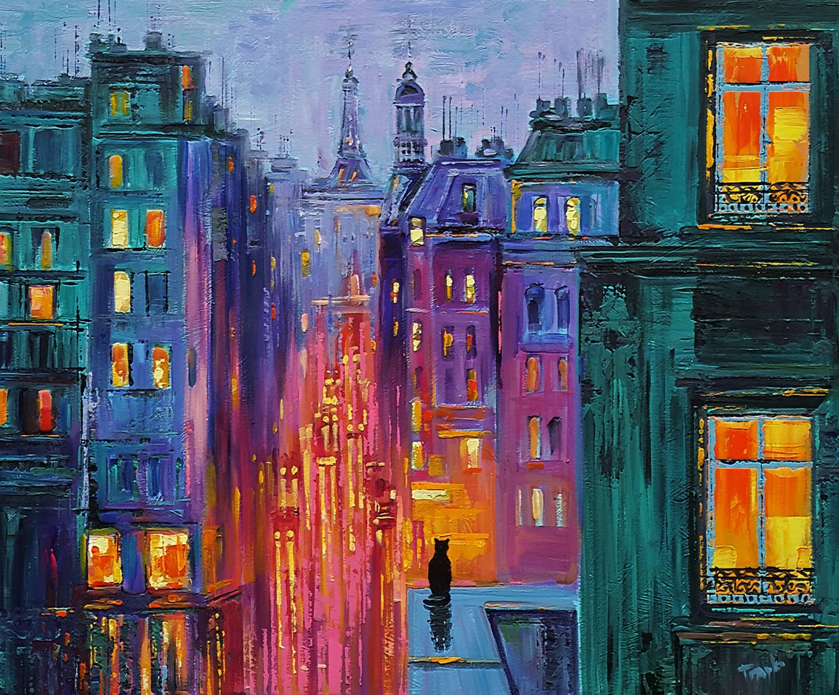 Abstract Cityscapes Acrylic Painting By Trayko Popov, 39 X 31", City Cat And Night Lights, Original Artwork