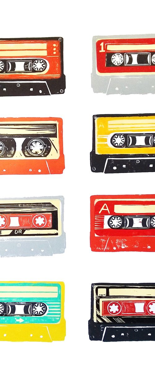 Linocut tapes #52 (cassette tapes, retro music, 70's, 80's rock culture) by Carolynne Coulson