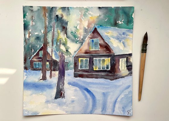 Winter Landscape Watercolor Painting, Snowy Forest Original Wall Art, Cozy Home Decor