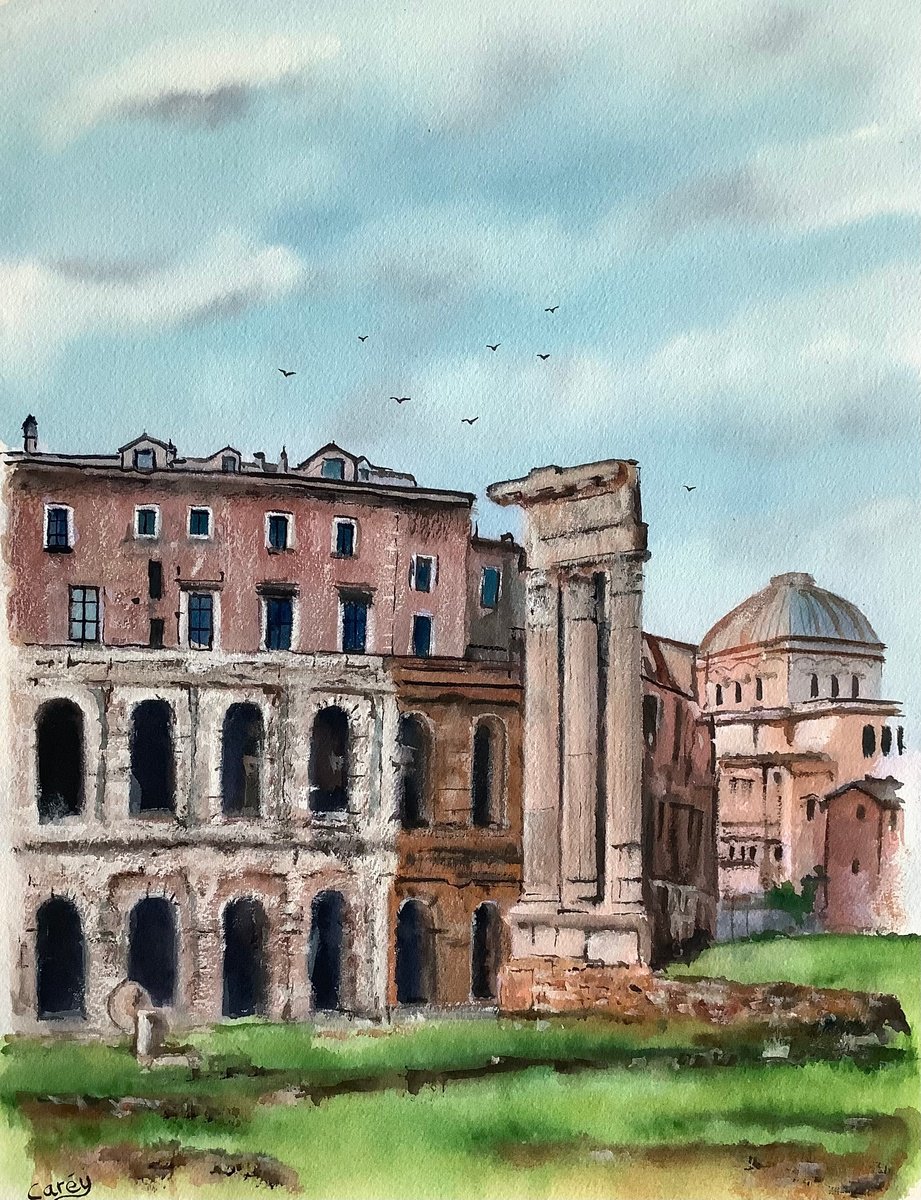 Impressionistic Cityscapes Watercolour By Darren Carey, 11 X 15, Theatre Of Marcellus, Original Artwork