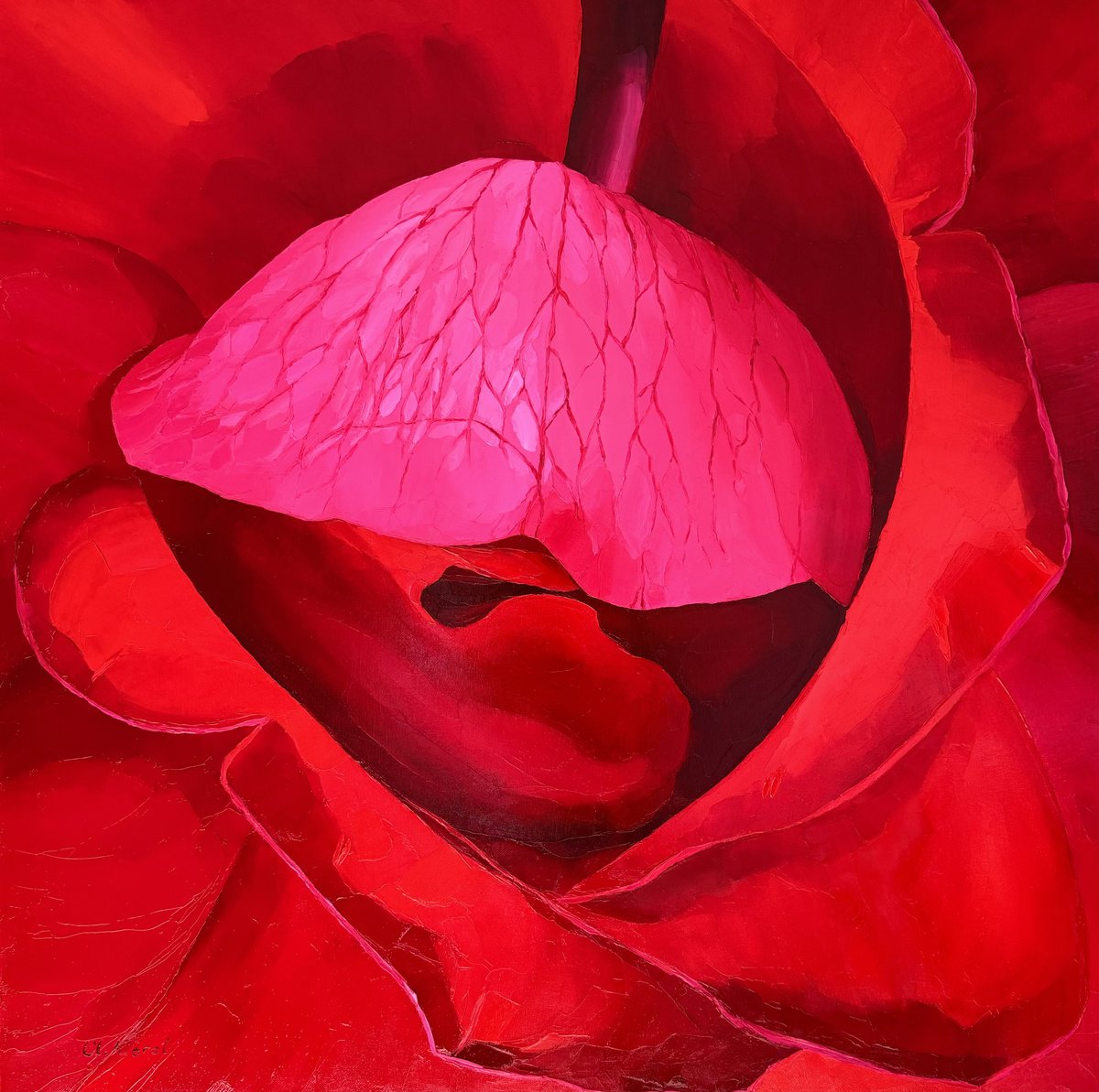 Photorealistic Botanical Oil Painting By Ulyana Korol, 31 X 31", Lady In Red, Original Artwork