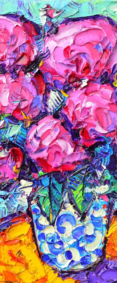 ABSTRACT PINK HYDRANGEAS textural impasto modern impressionist palette knife oil painting by Ana Maria Edulescu contemporary art abstract flowers by ANA MARIA EDULESCU