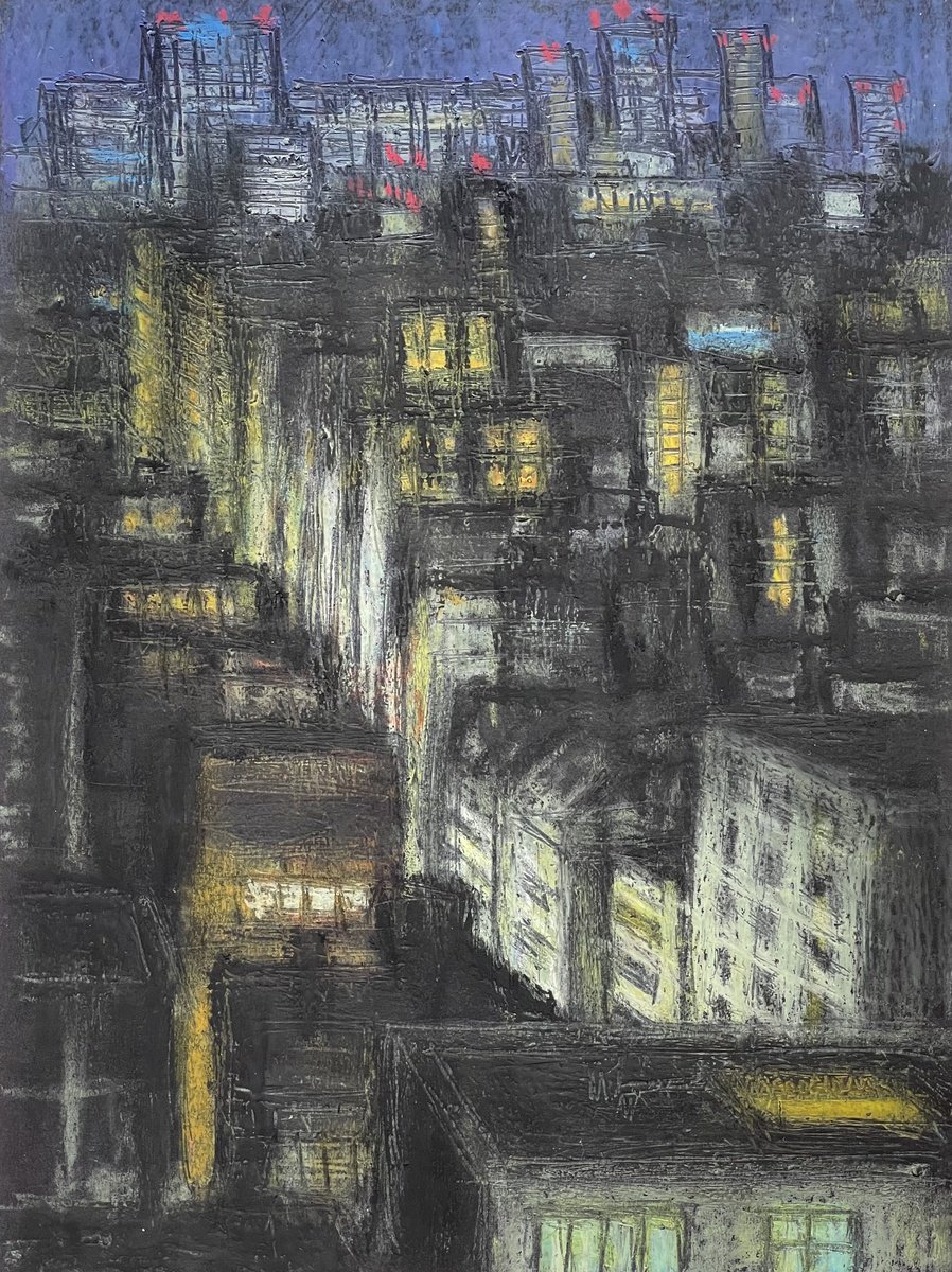 Expressive Cityscapes Pastel Drawing By David Lloyd, 6 X 8, Tokyo At Night 2, Original Artwork