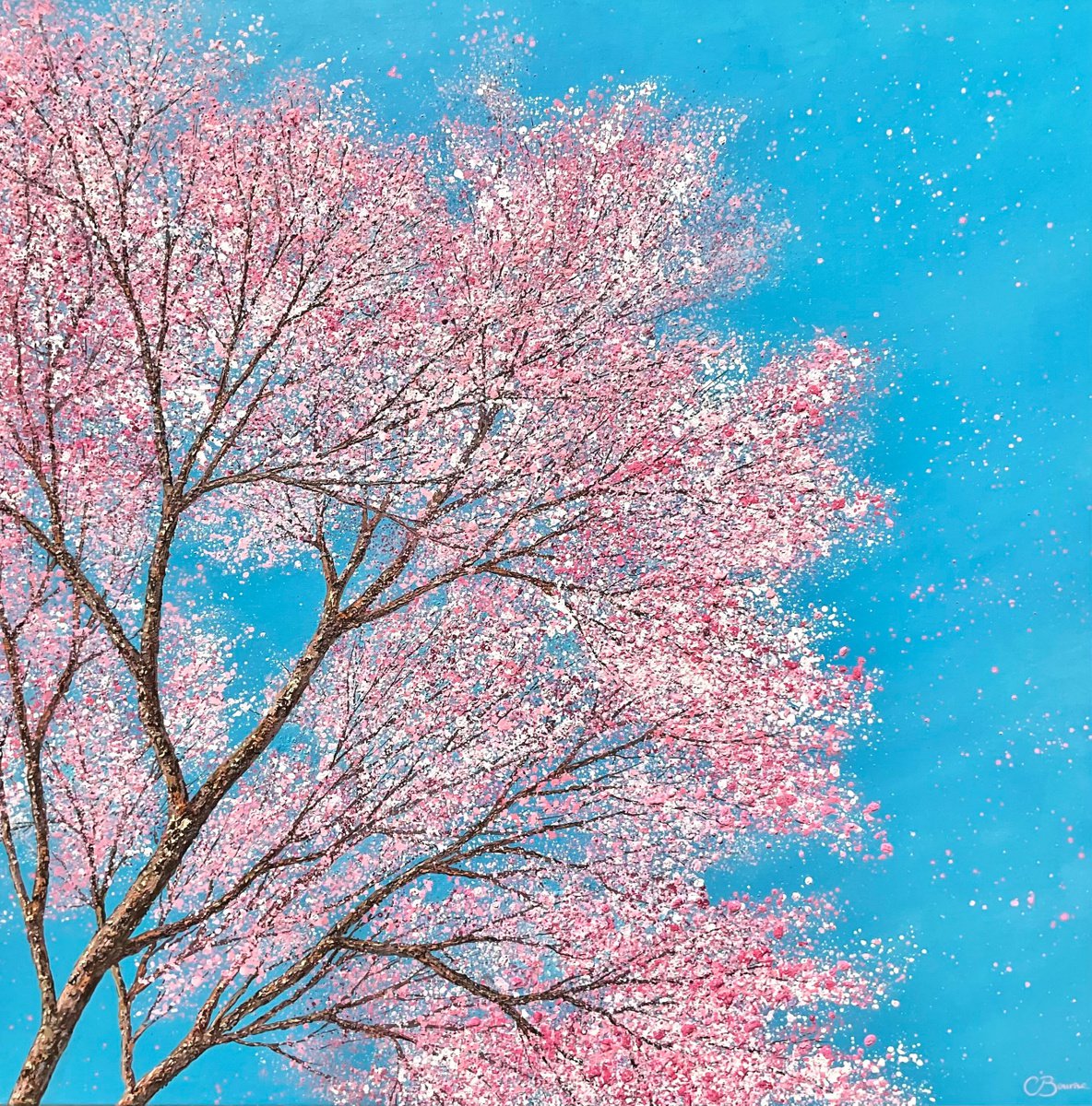 Cherry blossom dances in the blue, blue sky | 76cm x 76cm by Chris Bourne