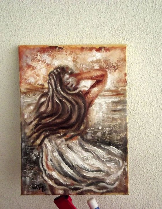 SEASIDE GIRL - THE WIND - Oil painting on canvas (25x35cm)