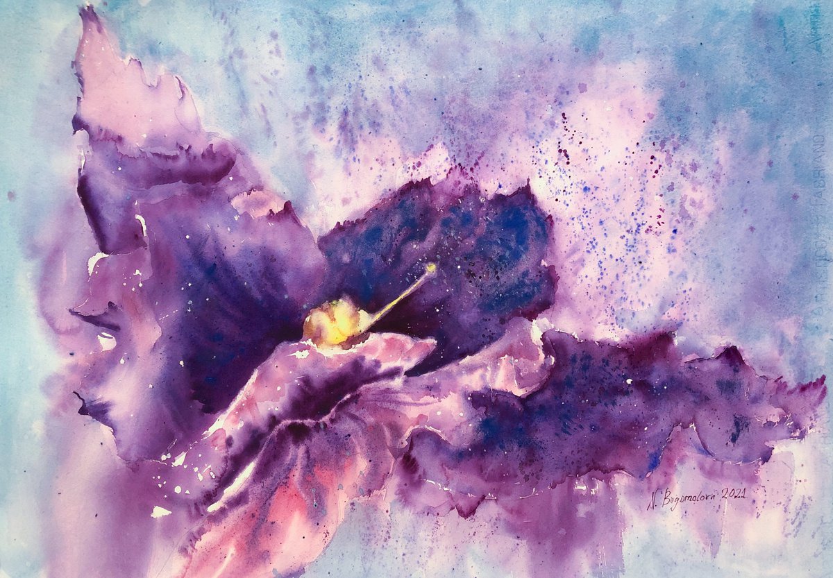 FLOATING VIOLET. FREEDOM - surrealistic floral watercolor painting by Nadezhda Bogomolova