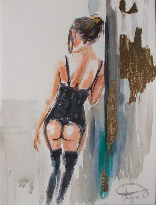Study  - Nude woman Watercolor Painting on Paper by Antigoni Tziora