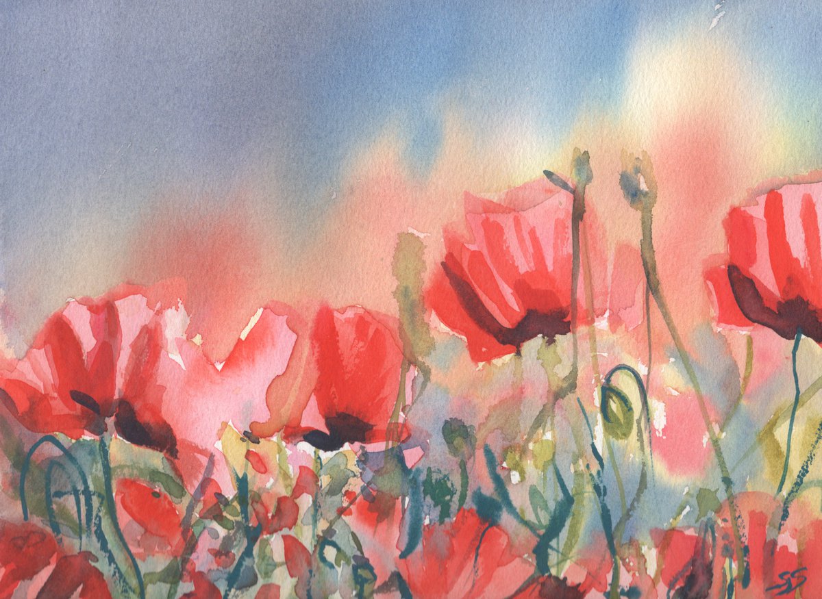Watercolour Poppy Fields 3 by Sarah Stowe