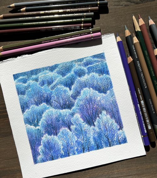 Blue forest. Miniature forest landscape. Original artwork. by Evgeniya Mokeeva