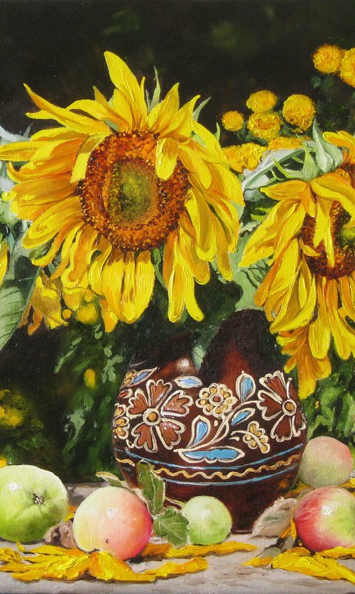A bouquet of sunflowers in the Ukrainian ceramic jug by Natalia Shaykina