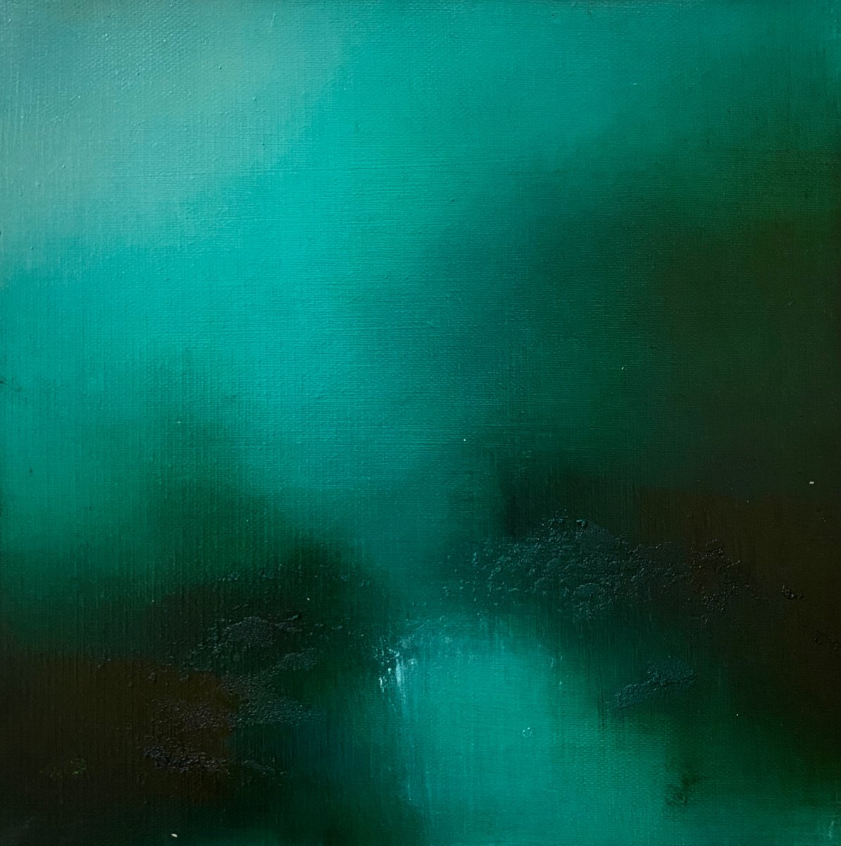 Green bank 30X30 cm - gold particles original oil painting landscape gift modern urban ar... by Elena Troyanskaya