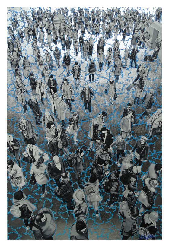 “People At The Station II” (Blue Gradient and Silver)