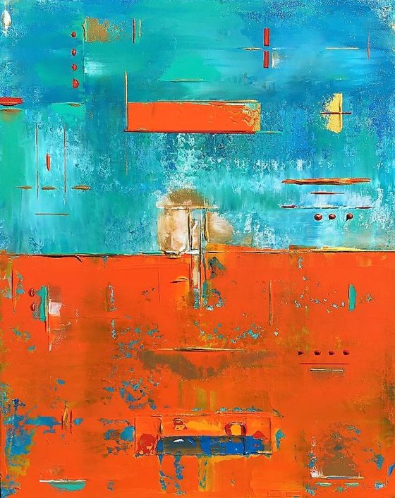 Primitive Abstract Orange Blue Bright Aqua Green lll