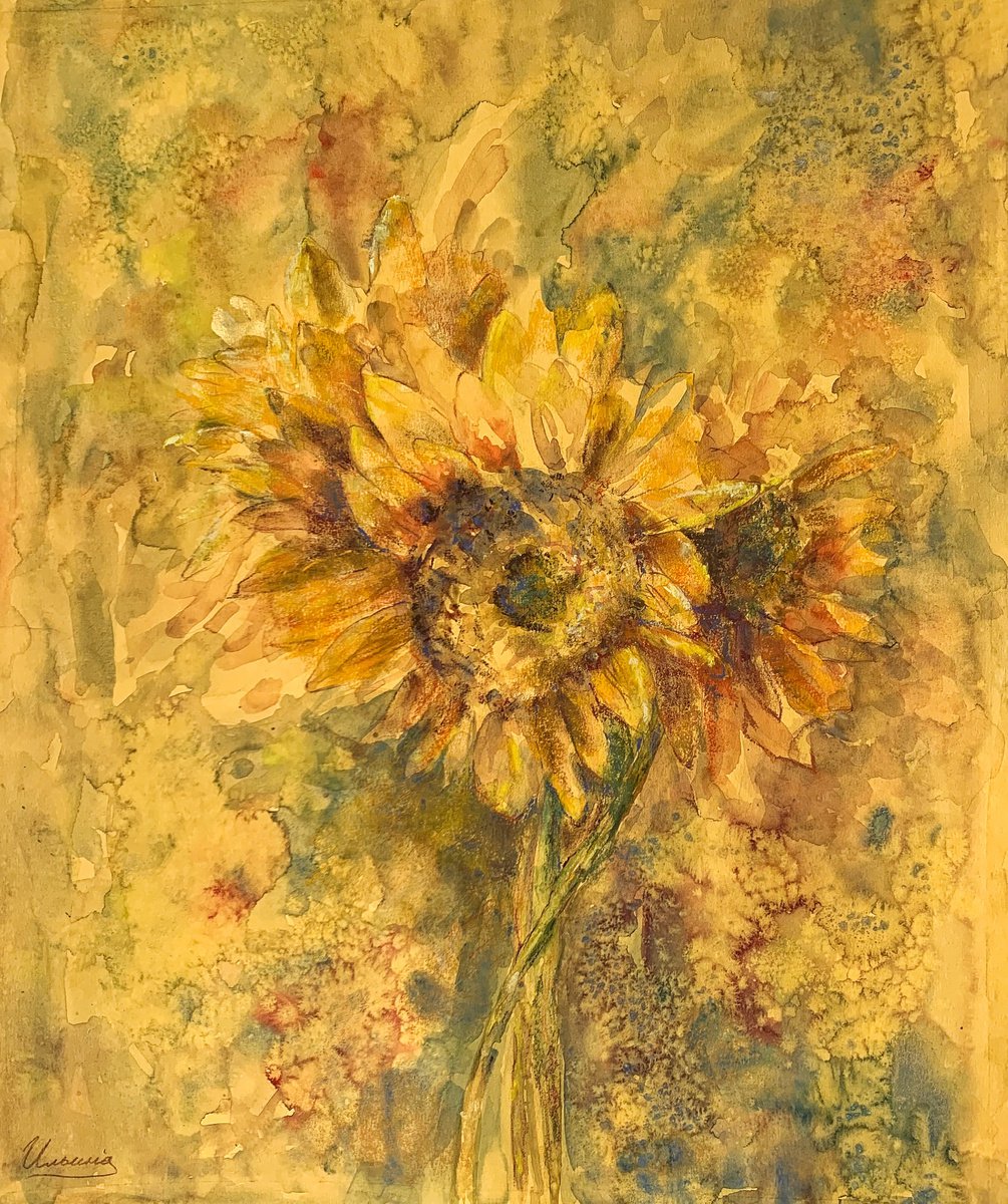 SUNFLOWERS - Pastel and watercolor drawing on paper, original gift, blue, yellow , home in... by Tatsiana Ilyina