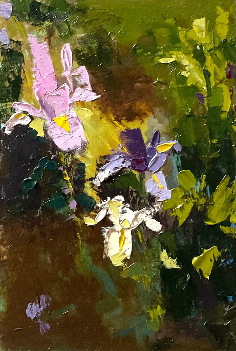 Impressionistic Botanical Oil Painting By Vera Klimova, 8 X 11", Irises, Original Artwork