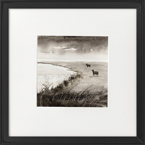 Monochrome Highland Cattle Marshes framed by Teresa Tanner
