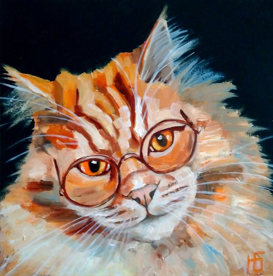 Learned Cat Oil Painting Ginger Artwork Original Pet Wall Art