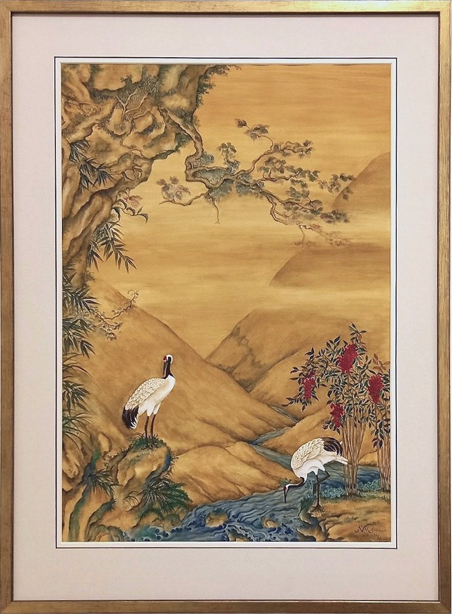 Cranes Beside a Meandering Stream With Heavenly Bamboo by Nicola Mountney