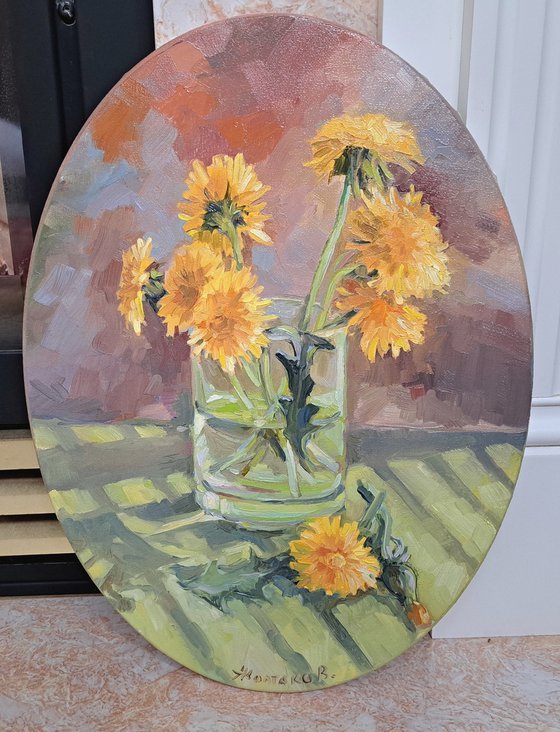 Dandelions (12x16x0.7'') oil on oval canvas original painting